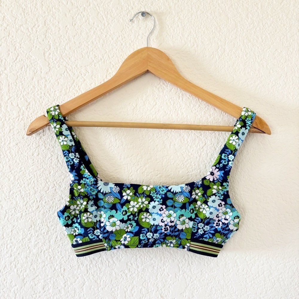 Aerie Bikini Top Small Floral Blue Green Scoop Neck Striped Band Swim